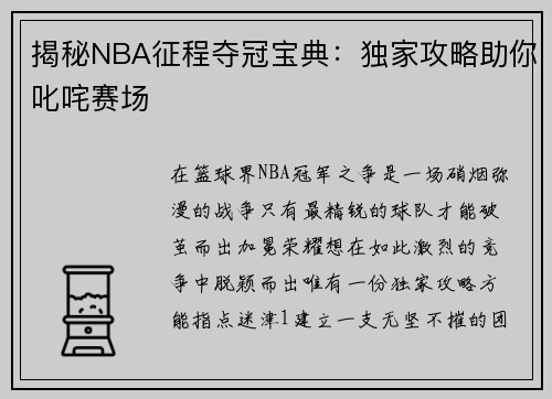 揭秘NBA征程夺冠宝典：独家攻略助你叱咤赛场